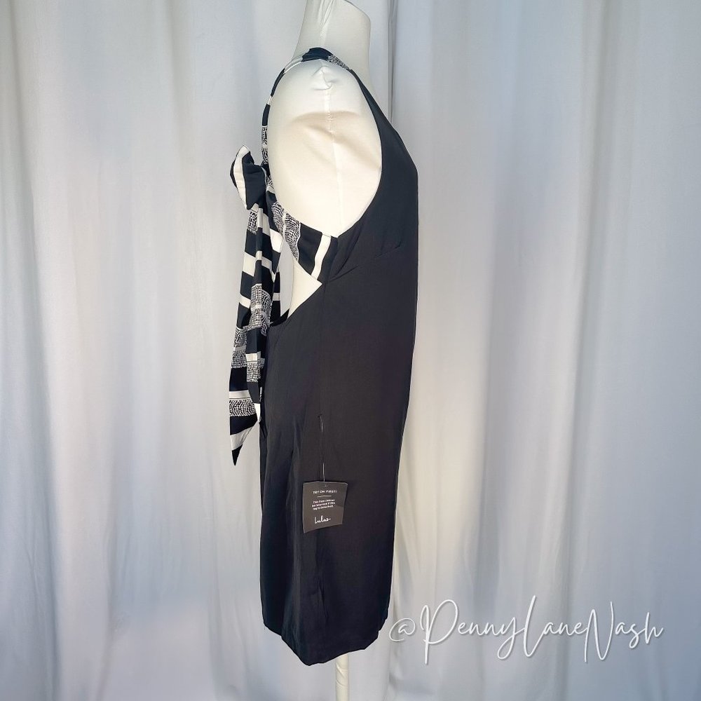 NWT Lulu's Joyful Black Multi Stripe Tie-Back Mini Dress - Picture 6 of 11